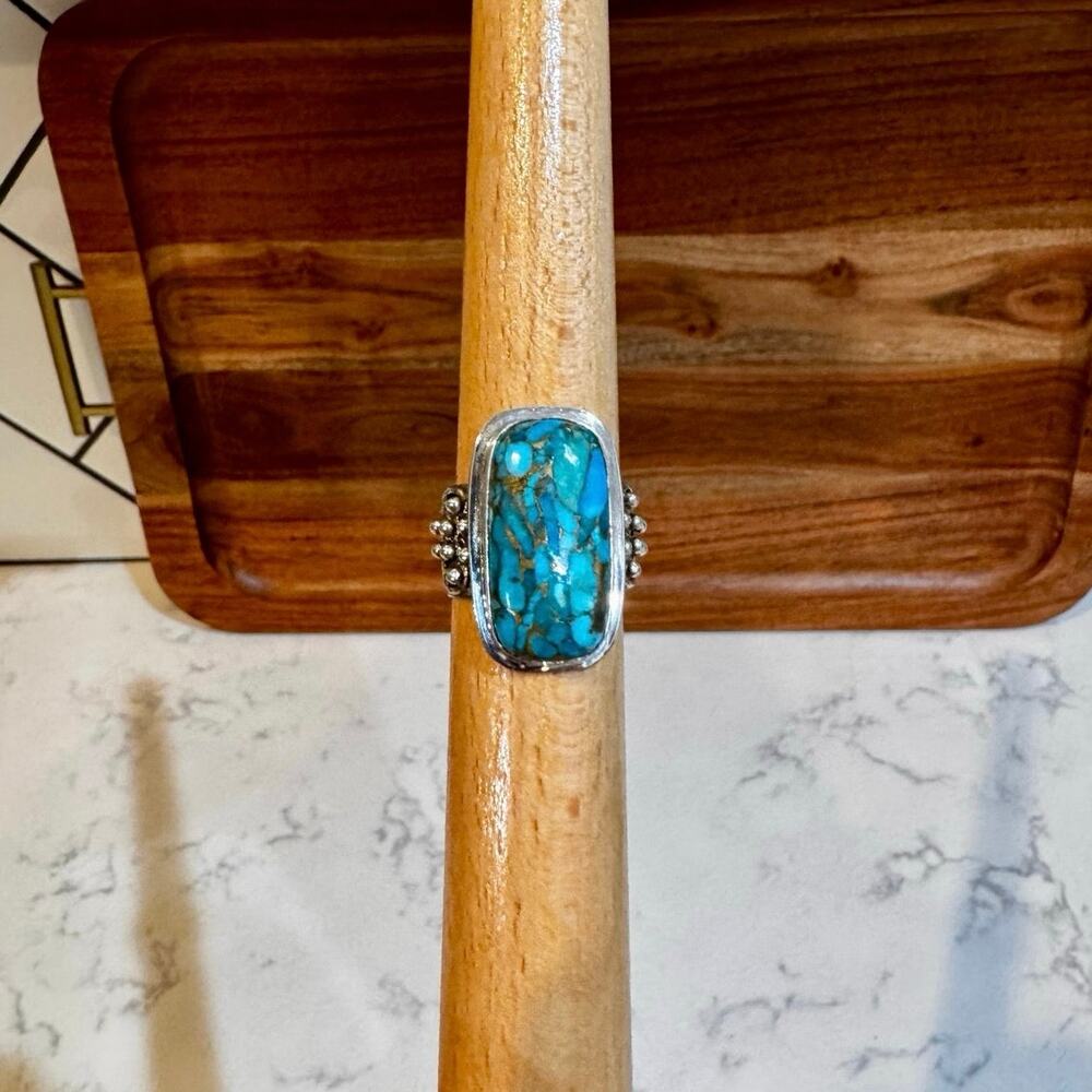 Natural Blue Copper Turquoise 925 Sterling Silver bead clusters Ring size 9